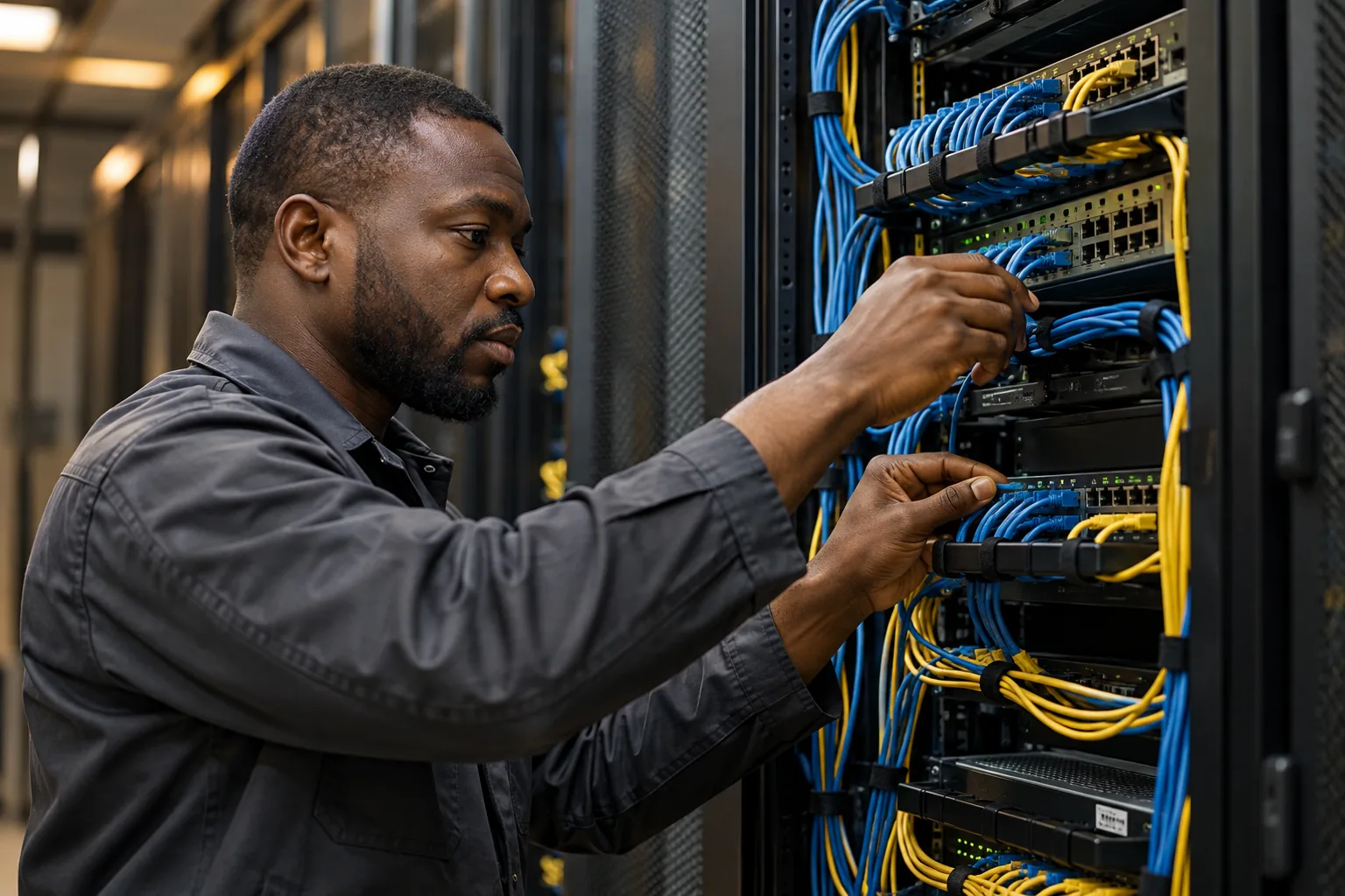 Infrastructure engineer checking cabling in a realistic server rack