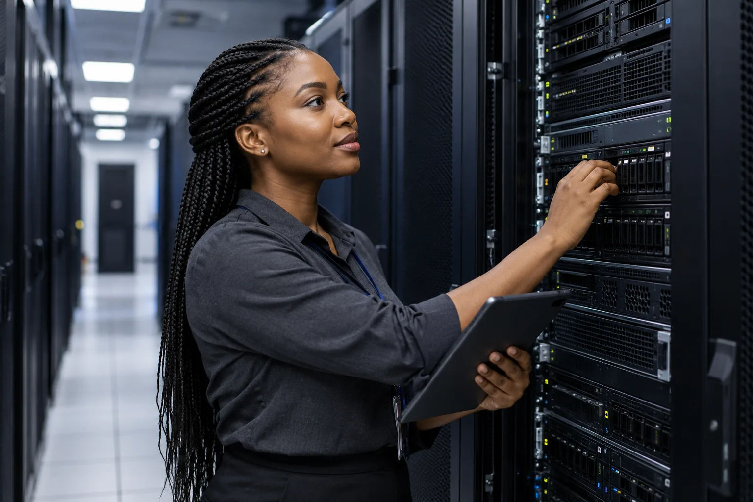 Infrastructure engineer inspecting hosting servers