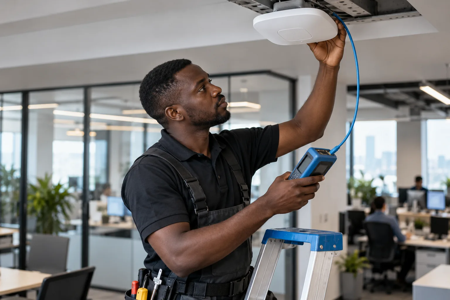 IT technician checking office network equipment with a testing device
