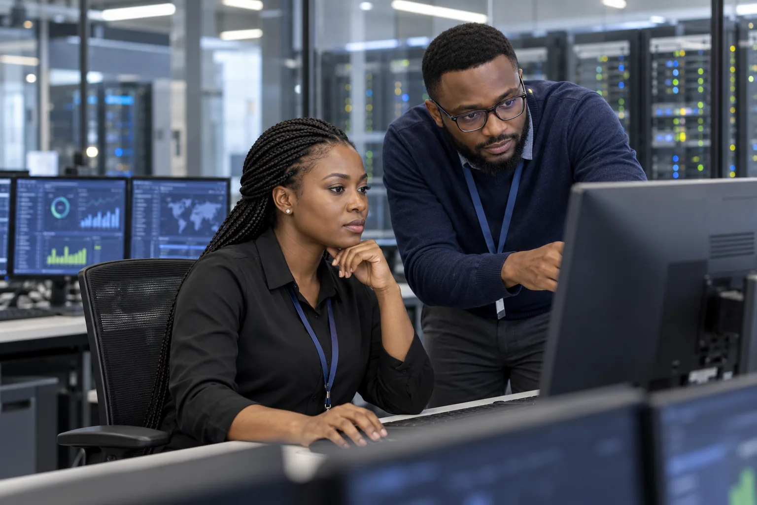 Cloud infrastructure team reviewing a server workstation