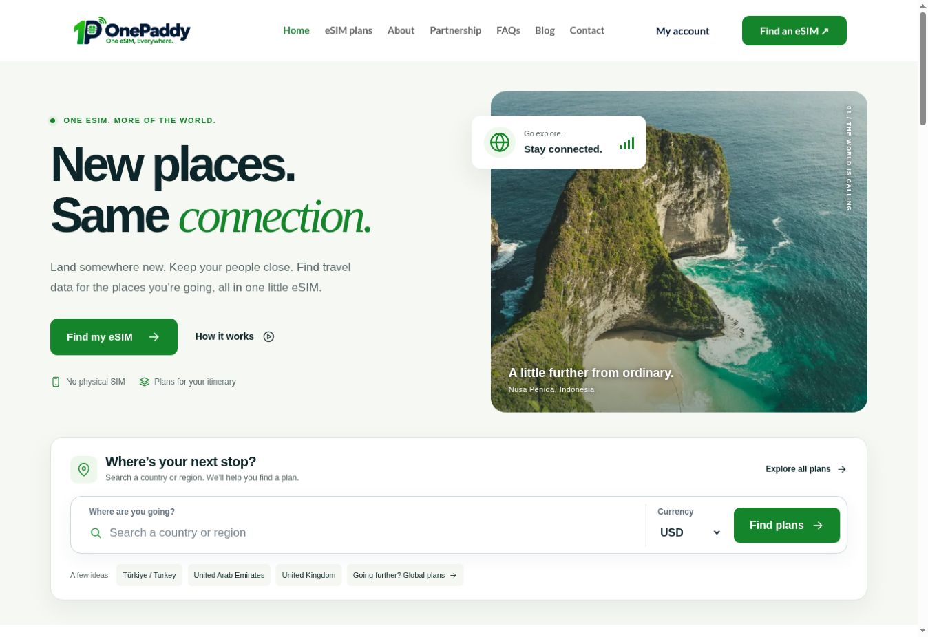 OnePaddy public website showing the travel eSIM catalogue and customer buying journey.