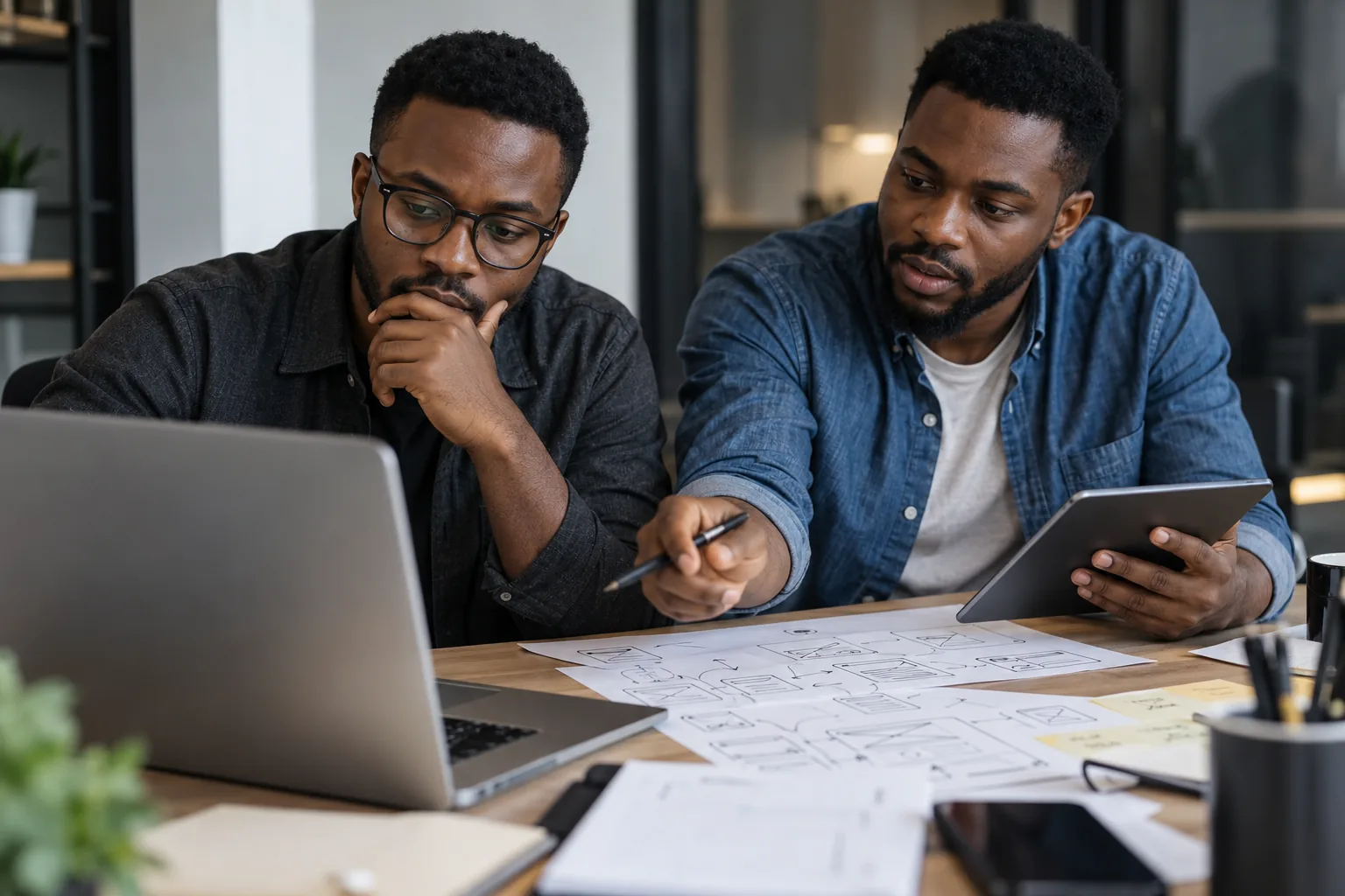 Software engineers reviewing an application flow across a laptop and tablet
