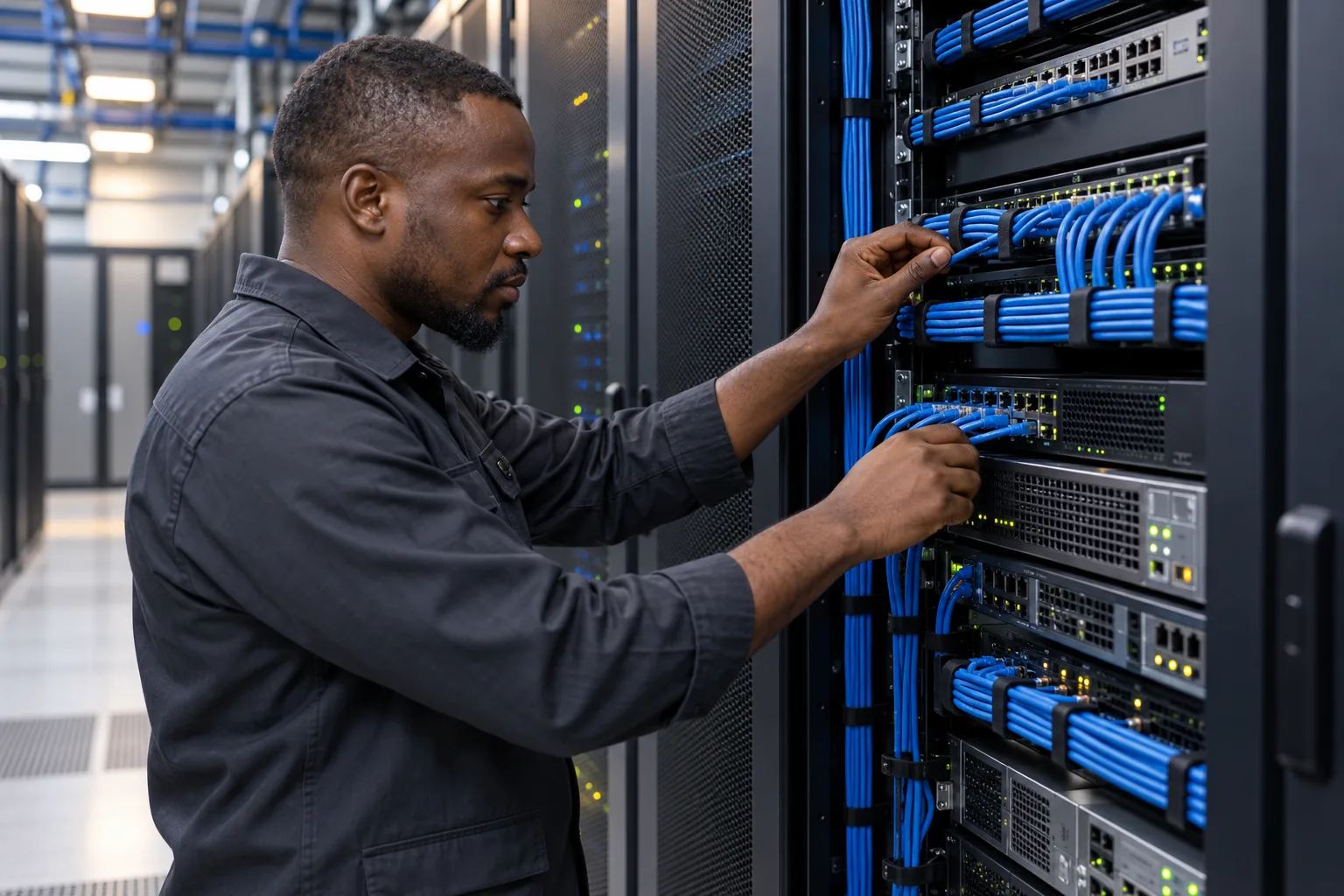 Infrastructure technician inspecting server network connections