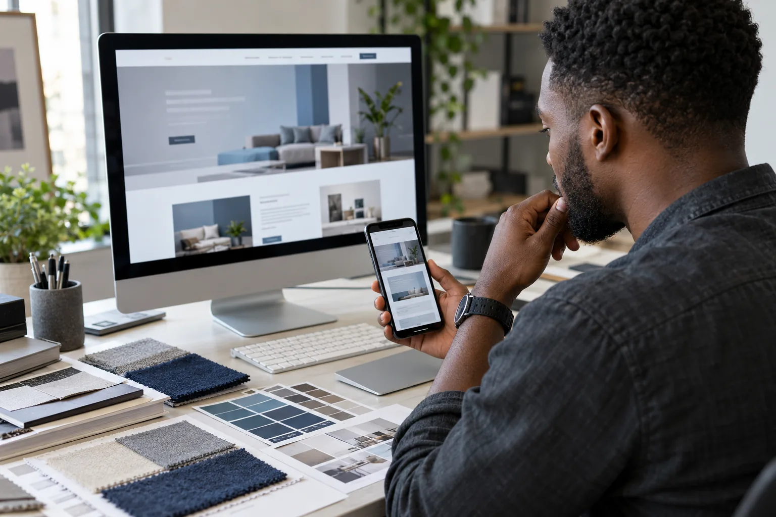 Web designer reviewing desktop and mobile layouts at a workstation