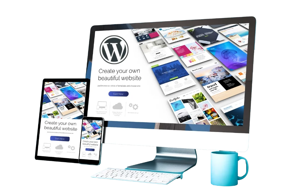 WordPress website design illustration showing the WordPress logo on desktop, tablet and mobile screens