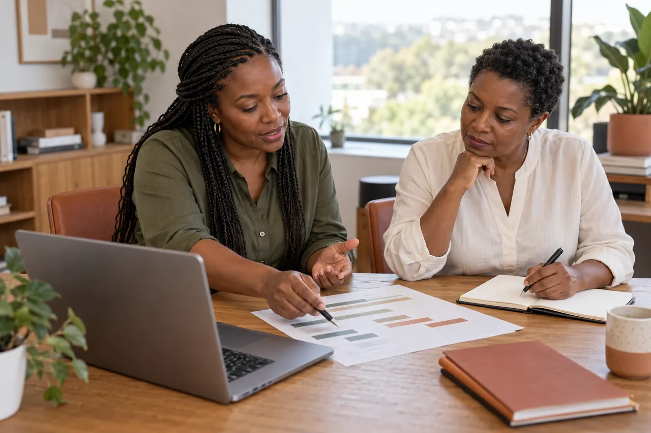 A technology consultant and business owner discussing a project plan at a worktable.