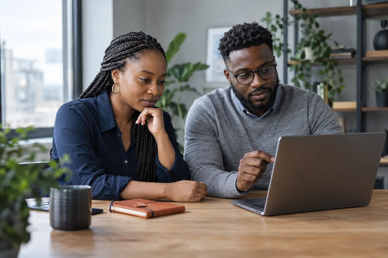 Two software professionals reviewing a laptop together in a light-filled workspace.