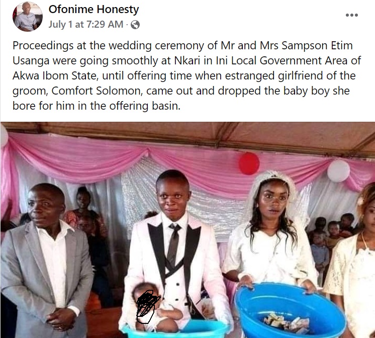 Lady drops her ex-boyfriend’s child in offering bowl during his church wedding