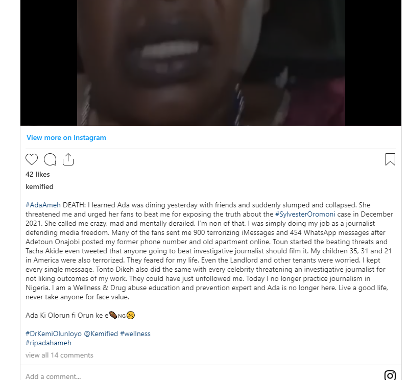 Screenshot of Kemi Olunloyo's post